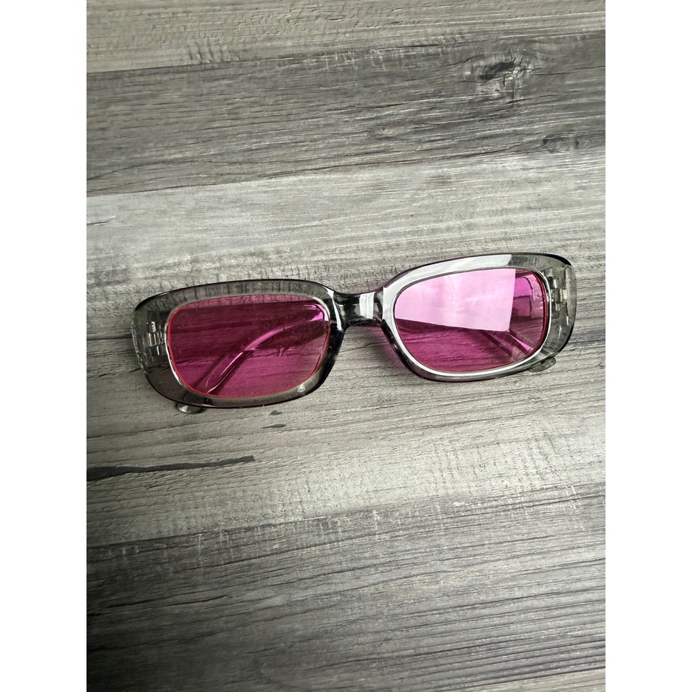 Y2K Retro Rectangular Sunglasses Translucent Grey Frame Pink Tinted Lenses